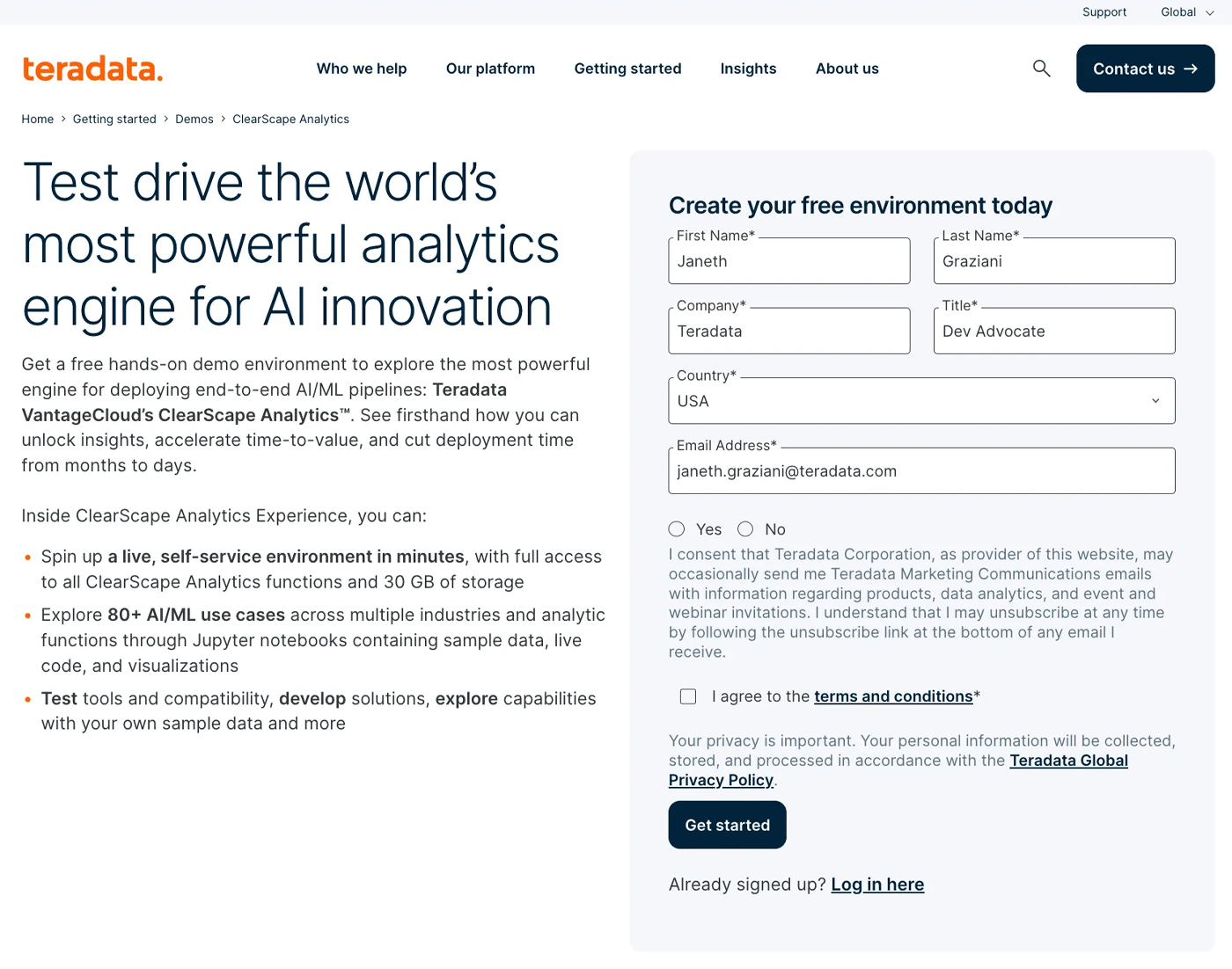 Teradata Landing page for ClearScape Analytics Experience website offering a demo environment on Teradata VantageCloud. It highlights the ability to spin up a live, self-service environment with full access to functions and storage for exploring AI/ML use cases. There's also a section for creating a free account with fields for personal details and a consent checkbox for receiving marketing communications. Terms and conditions acceptance is required, and there's a link to the privacy policy.