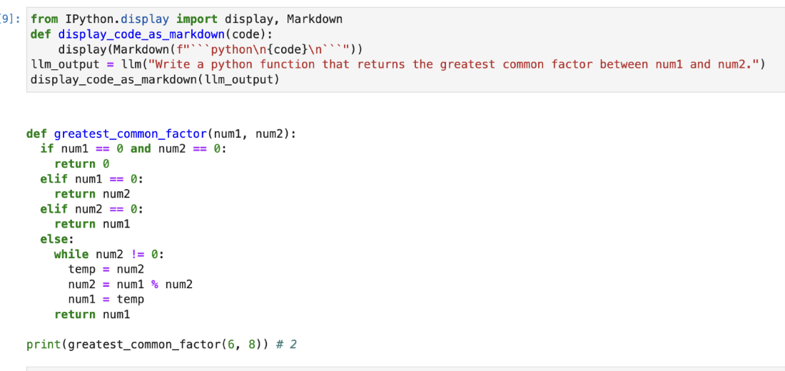 Image of a Jupyter Notebook cell showing code for displaying output as Markdown, along with the corresponding formatted Markdown output visible below the cell.